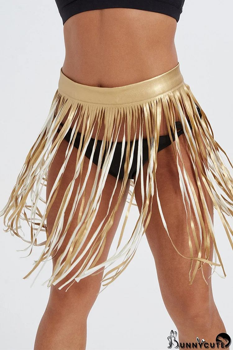 Gold Fashion Sexy Solid Tassel Patchwork Regular High Waist Skirt