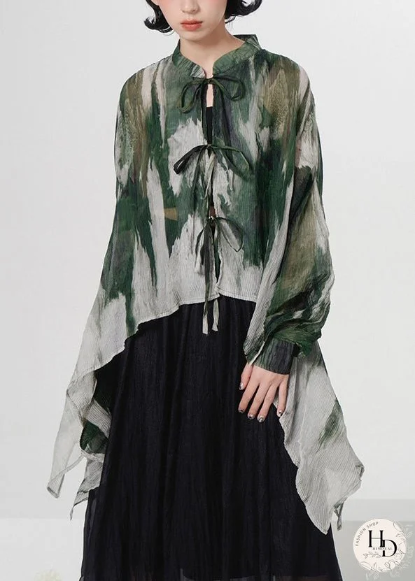 New Green Asymmetrical Lace Up Tie Dye Silk Shirt Tops Fall
