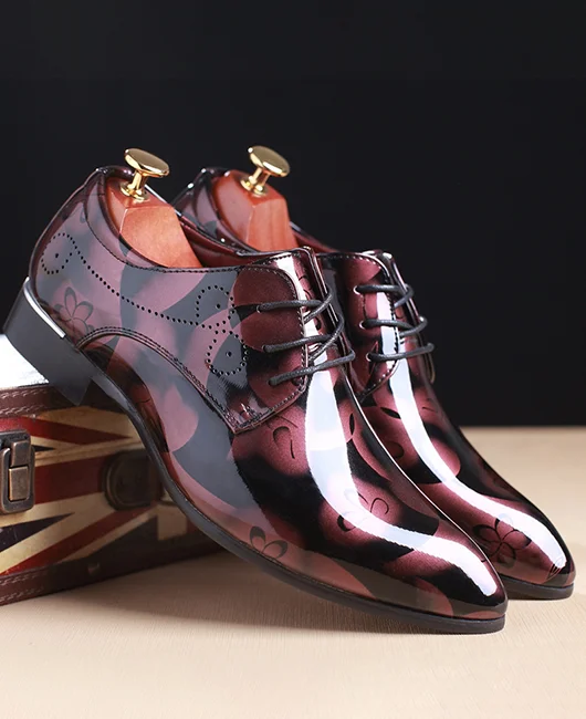 Formal Allover Print Pointed Lace Up Leather Shoes 