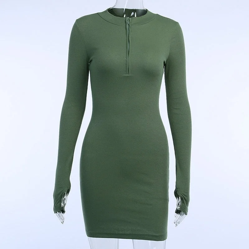 2021 New Women Mini dresses V-neck Solid Stretch Bodycon Pencil Stand Collar Zipper Deep Party Winter Fall Bodycon Ribbed Dress