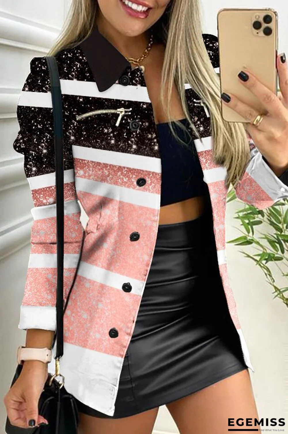 Pink Casual Print Patchwork Turndown Collar Outerwear | EGEMISS