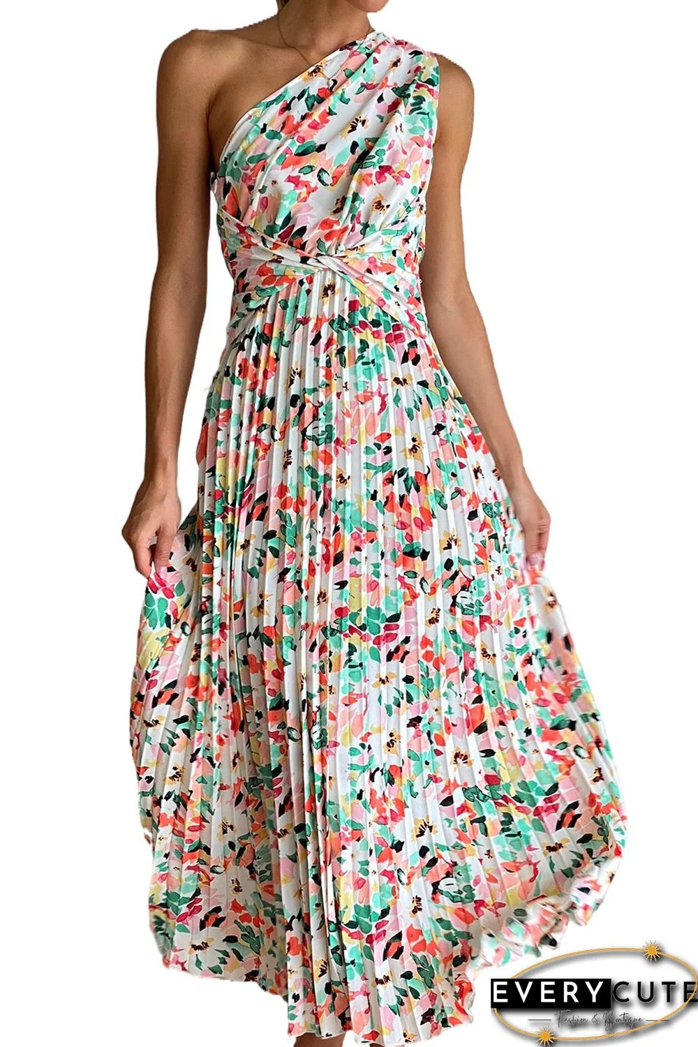 Green Boho Floral One-Shoulder Sleeveless Pleated Maxi Dress