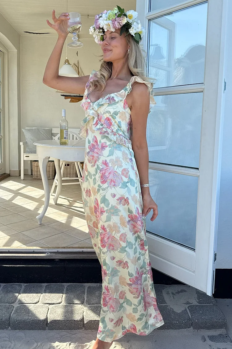 Floral Print Ruffled Sleeve Tie Up Backless Maxi Dresses-OffWhite [Pre Order]