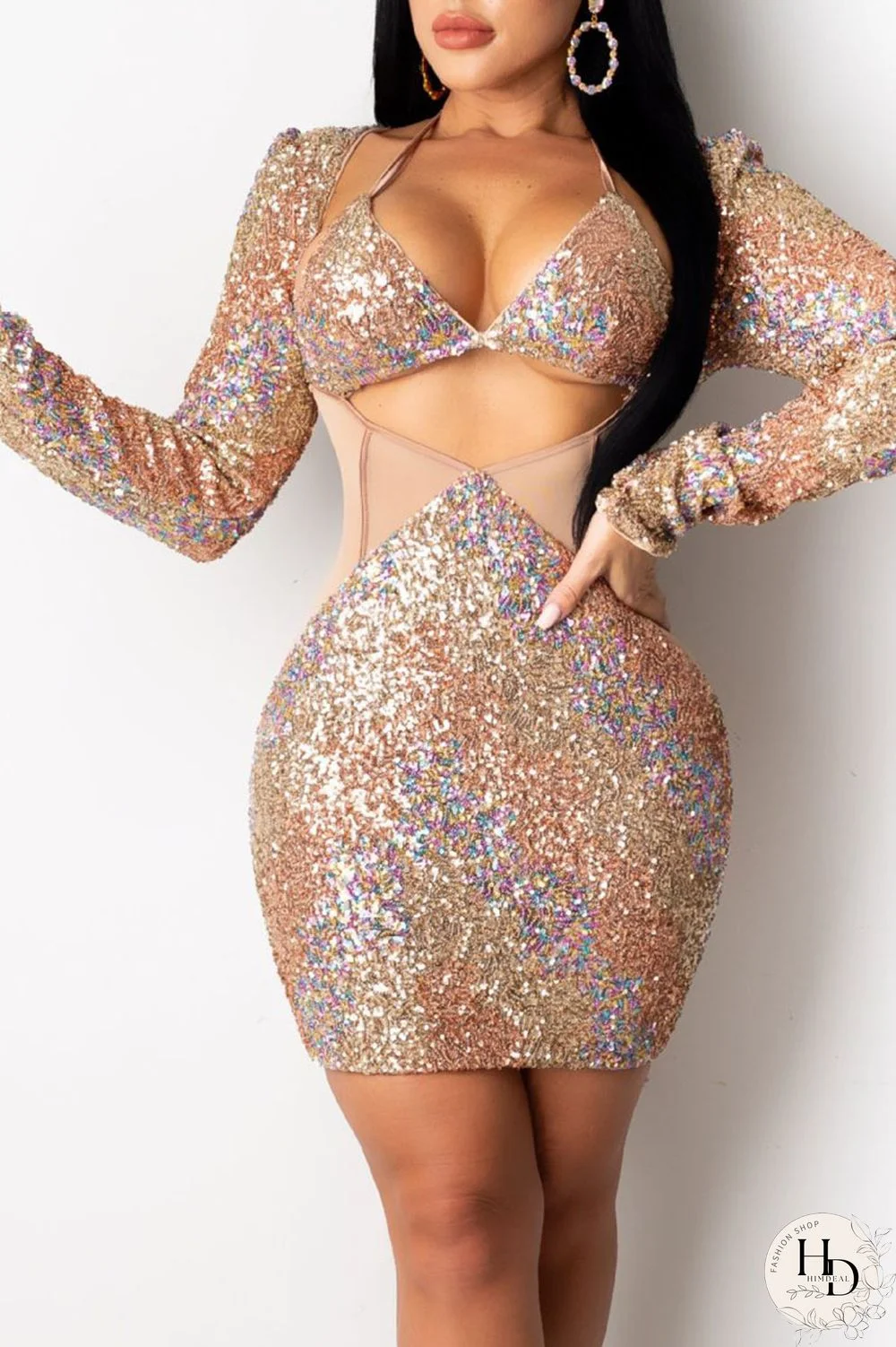 Gold Sexy Hollowed Out Sequins Split Joint Halter One Step Skirt Dresses