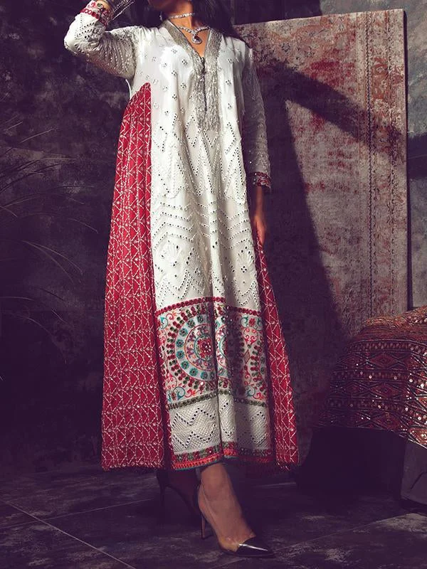 V neck red and whitcolor block maxi kaftan dress فساتين