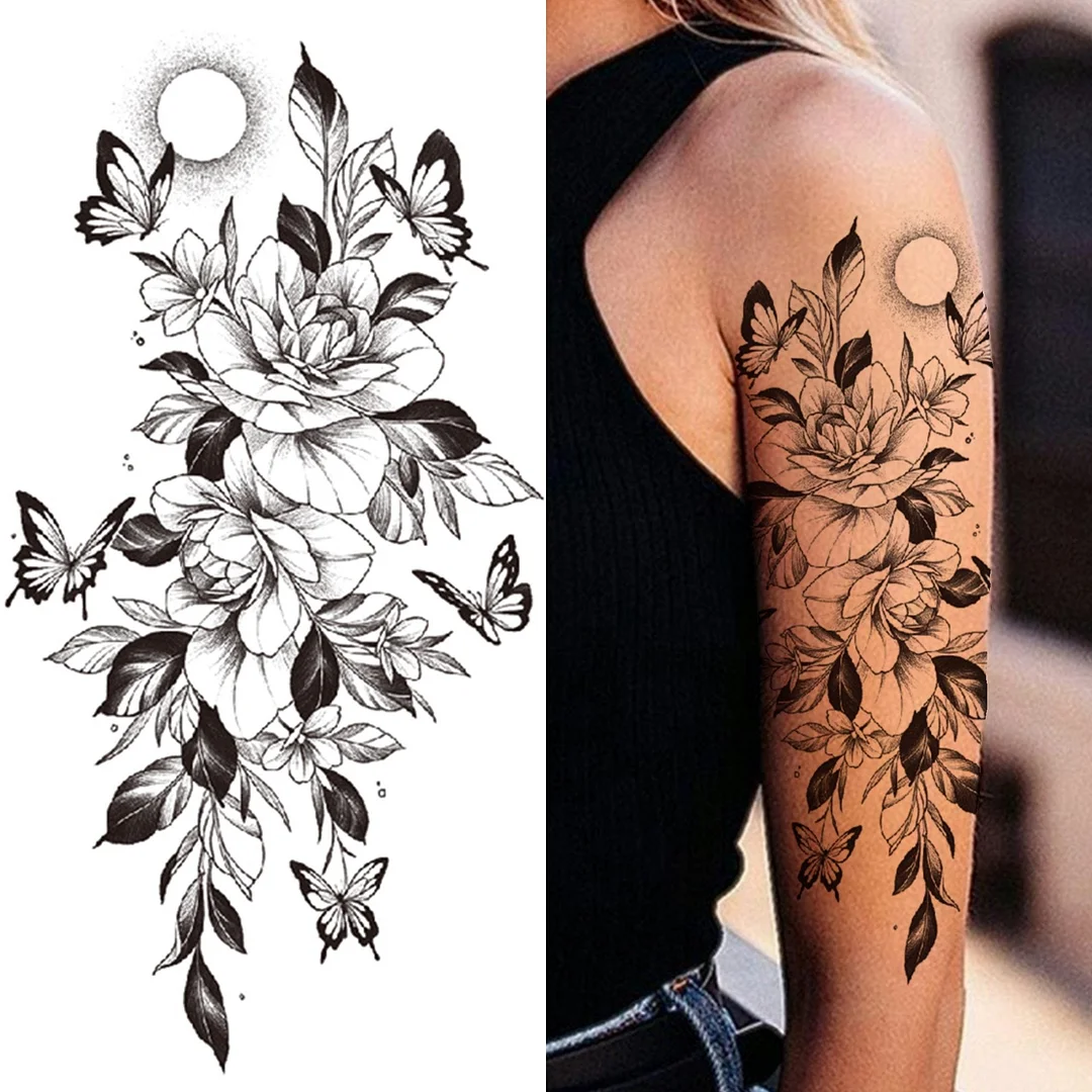 Death Skull Flower Temporary Tattoo For Women Girls Snake Bird Peony Tattoo Sticker Black Fake Blossom Sexy Tatoo Transfer Adult 1108