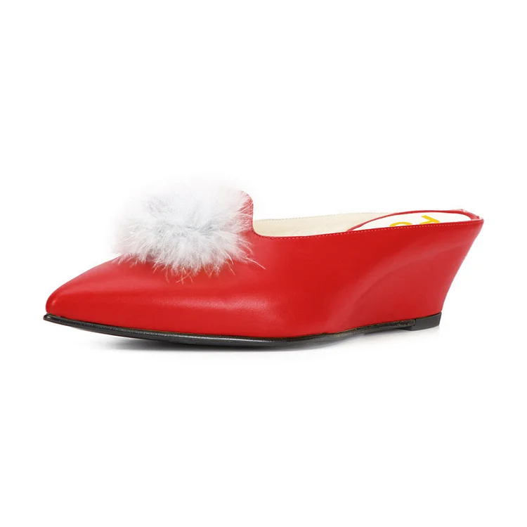 Red Pom Pointed Toe Wedge Heels Mules for Women |FSJ Shoes