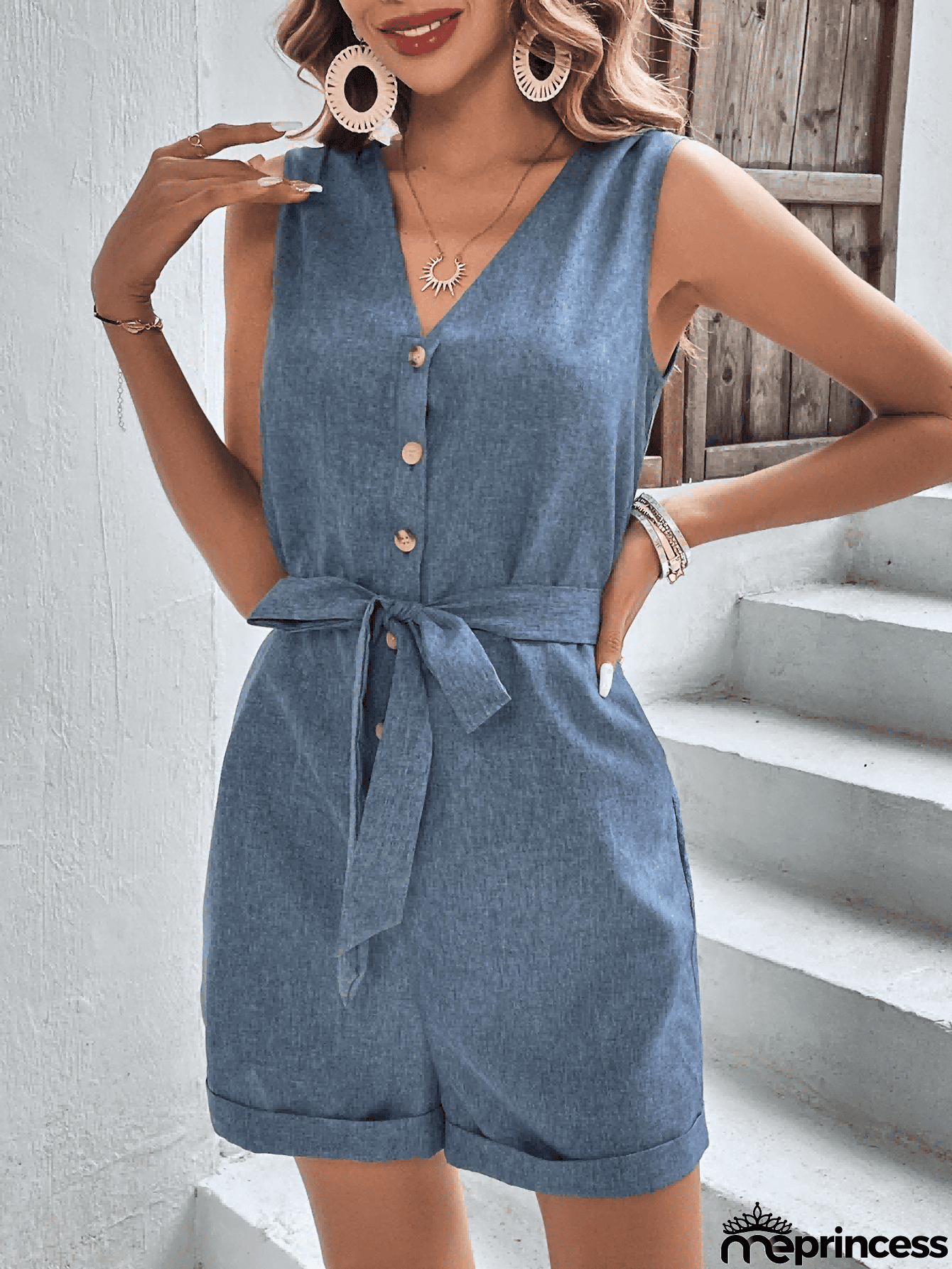 Tie-Waist Buttoned V-Neck Sleeveless Romper