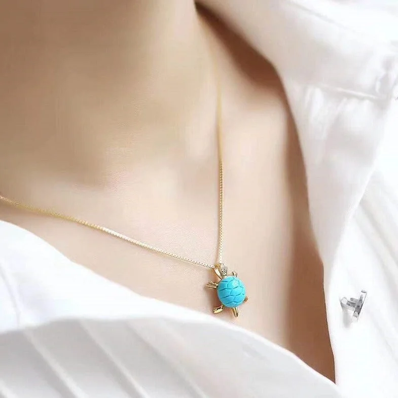 Natural Turquoise Turtle Longevity Wealth Peace Pendant Chain Necklace