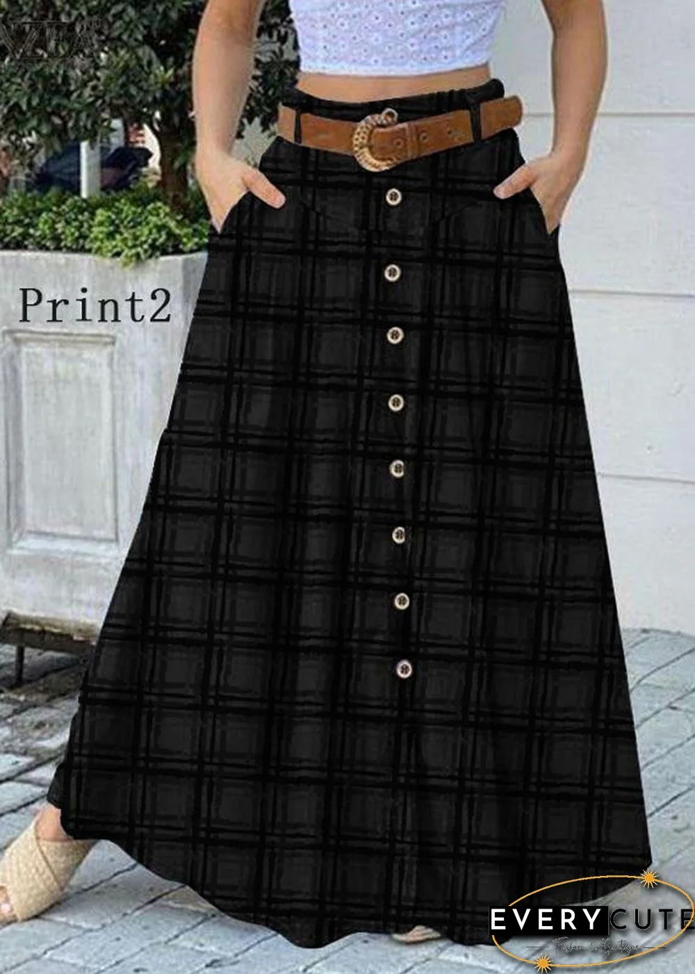 Women Solid Color Print2 Bottom Front Loose Casual Long Skirt With Pocket