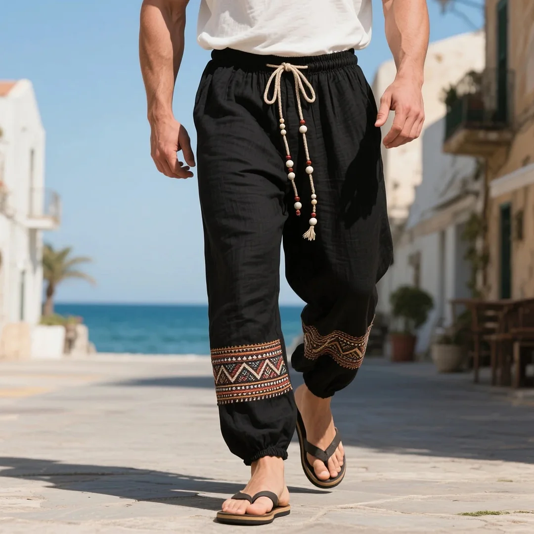  Stylish Embroidered Drawstring Pants for Men - Perfect for Summer Beach Walks