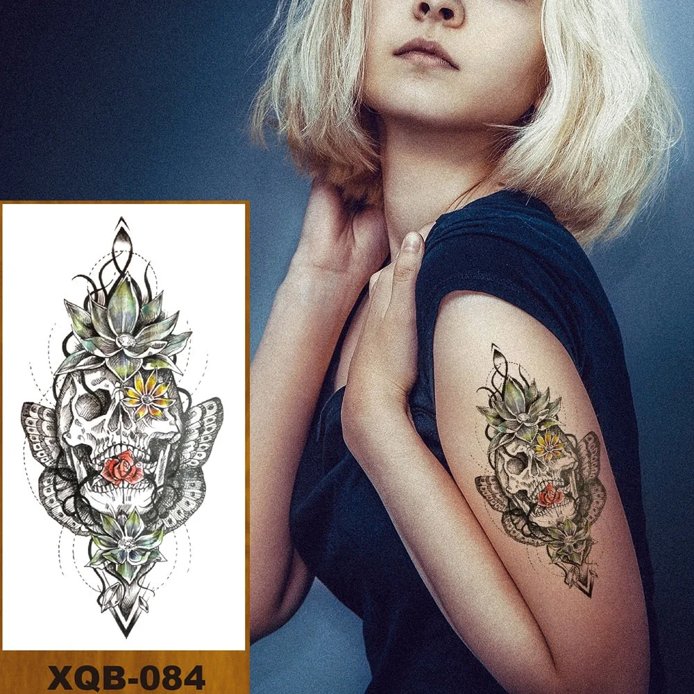 Temporary Tattoos Stickers Vajra Skull Night Demon Crow Mythical Beast Men Women Girl Flower Arm Chest Fake Tatoo Semi Permanent