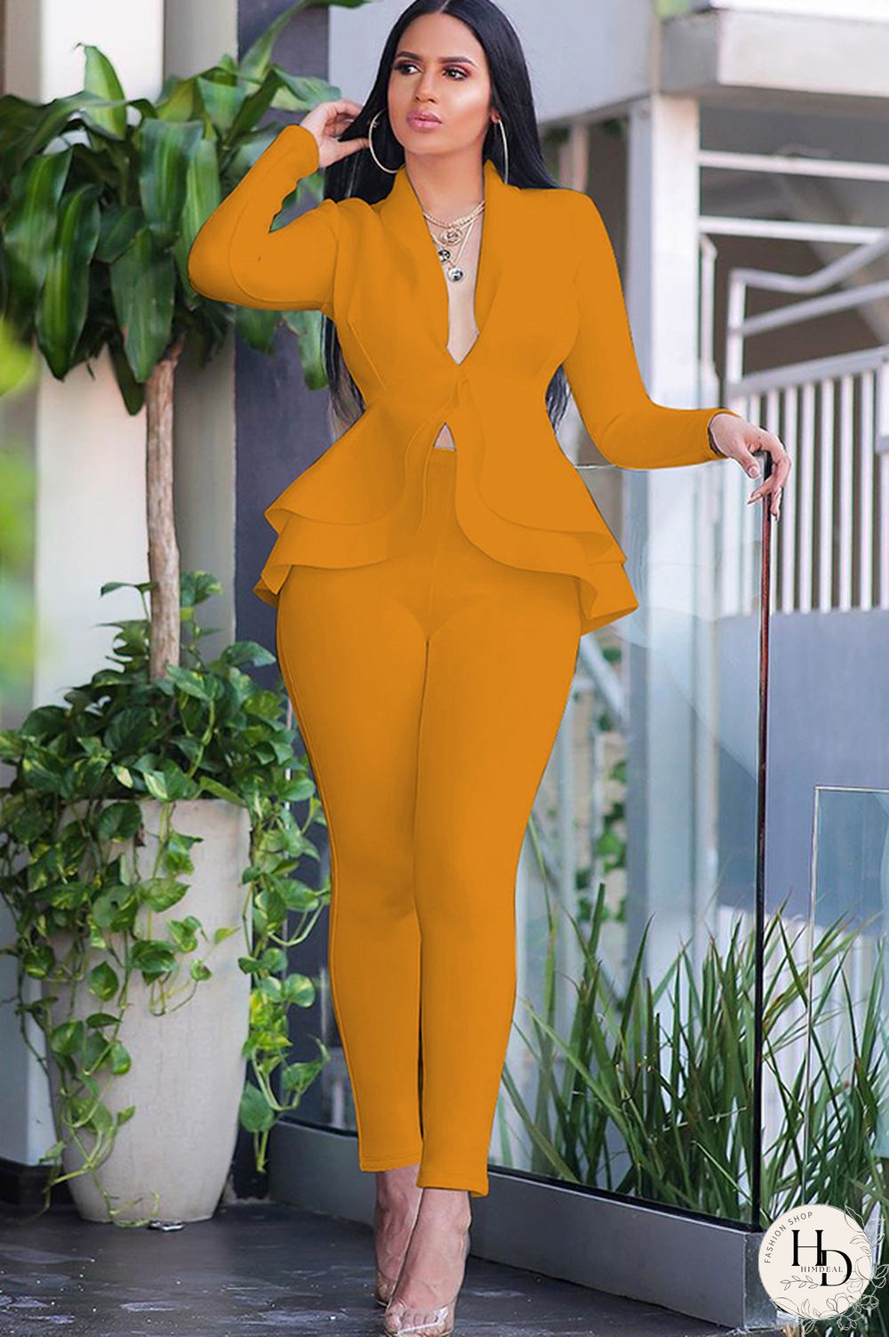 Black Casual Two Piece Suits Patchwork ruffle Solid pencil Long Sleeve