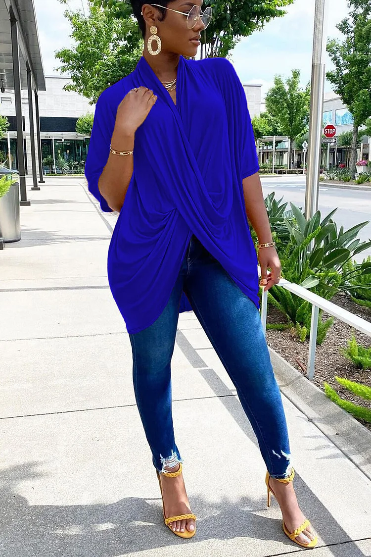 Solid Color Ruched Crossover Design Half Sleeve Top-Yellow
