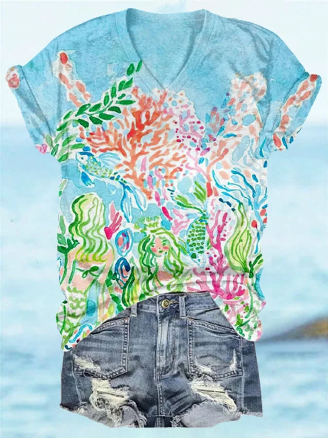 Women's Water Color Tropical Floral Print V-neck T-shirt-mysite