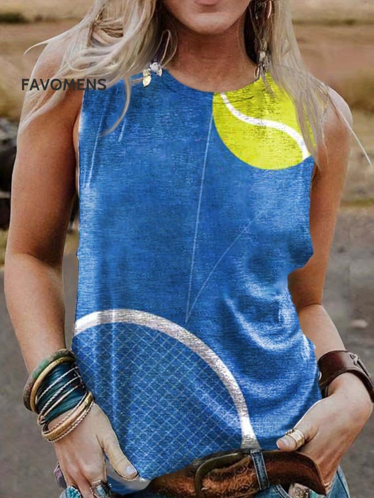 Women’s Sport Tennis Print Casual Tank Top White / S