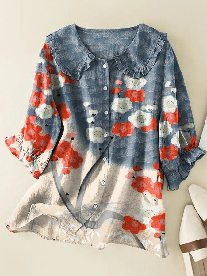 Japanese Cherry Blossom Cotton and Linen Peter Pan Ruffle Collar Shirt