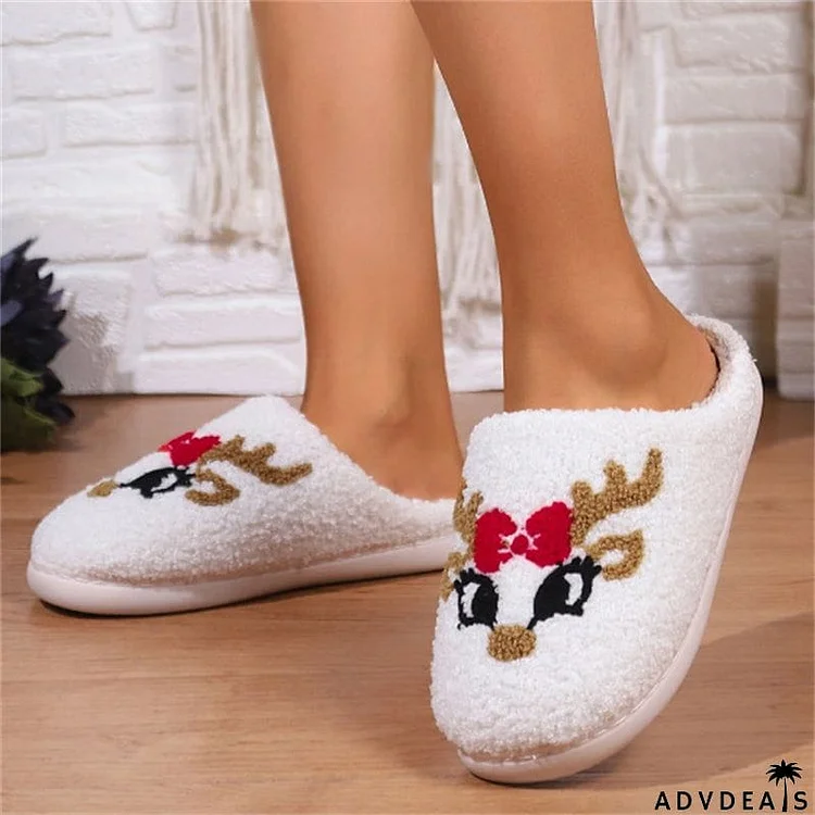 Christmas Little Deer Plush Lining Couple Home Slippers