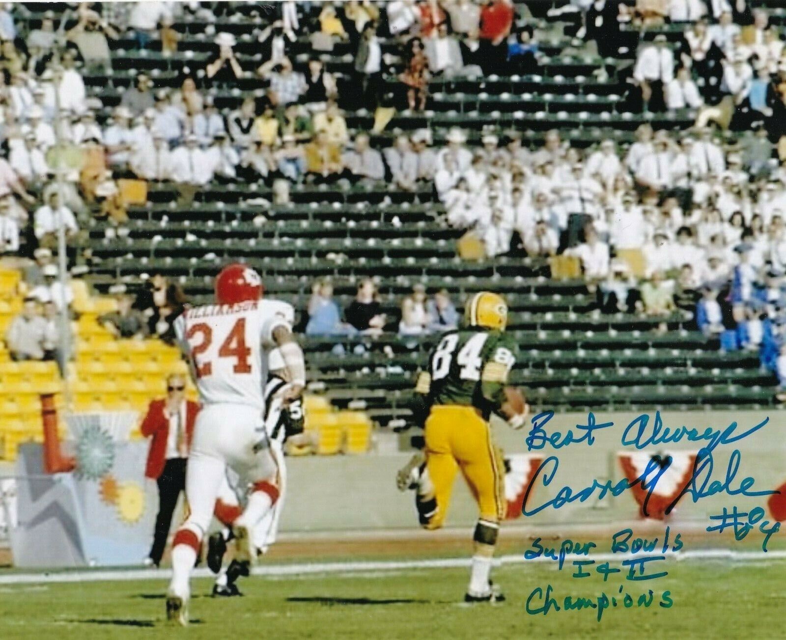 CARROLL DALE GREEN BAY PACKERS SB I & II CHAMPS ACTION SIGNED 8x10