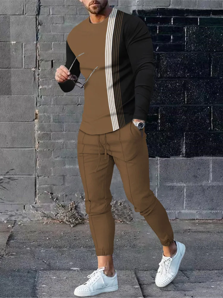 Men's fashion casual khaki geometric print long sleeve two-piece set