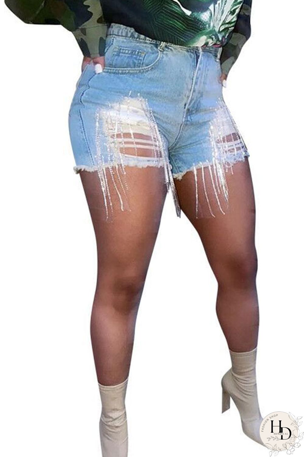 Light Blue Denim Button Fly Sleeveless Mid Patchwork Solid Hole washing Old Straight shorts Bottoms