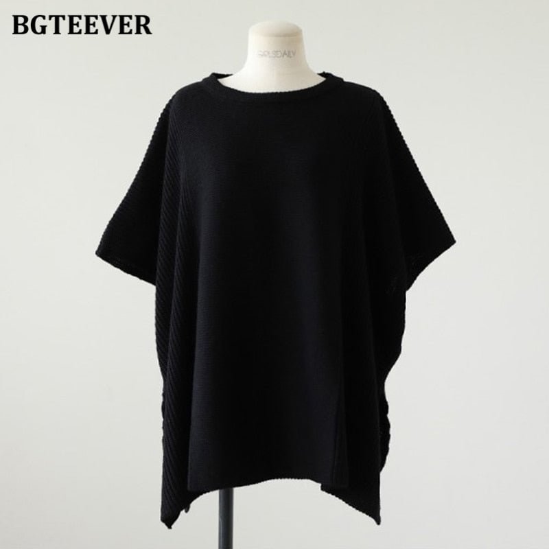 BGTEEVER Casual O-neck Oversized Women Sweater Pullovers 2021 Autumn Knitting Tops Batwing Sleeve Side Split Women Vest
