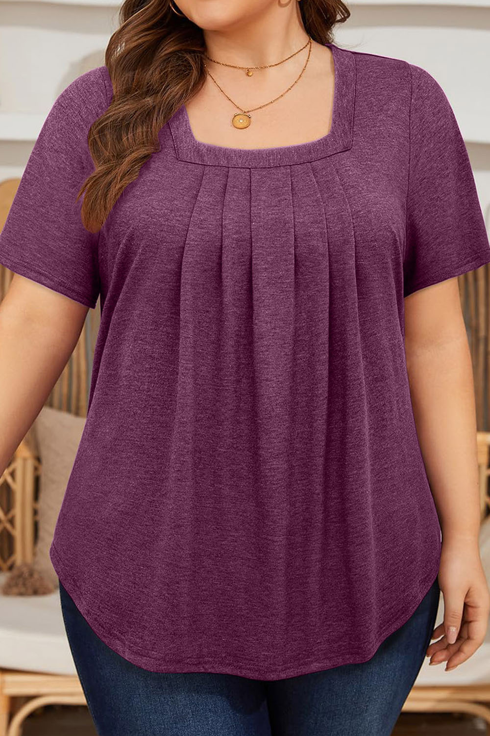 Plus Size Everyday Dark Blue Square Neck Crinkle Chest Blouse 2024 - Flycurvy 