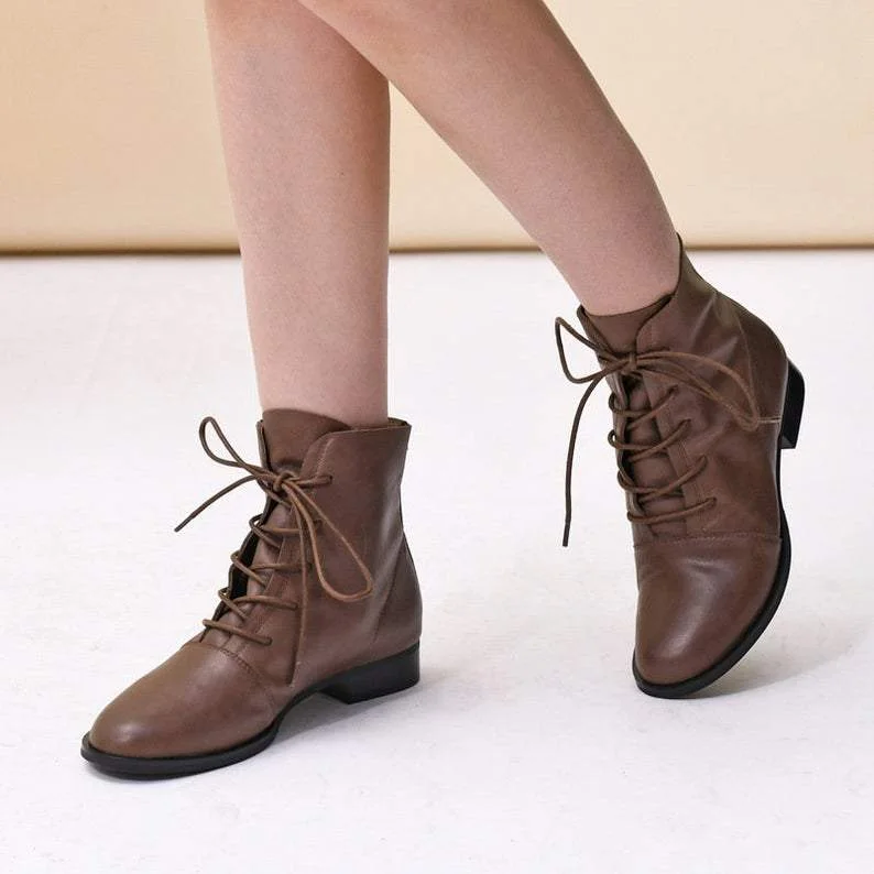 Women Boots Lace Up Short Boots Handmade Leather Full Grain Leather Black/Brown