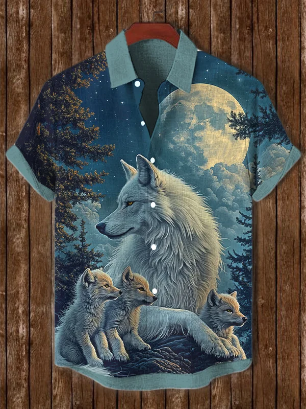 Men's Wolf Mother And Cubs Fantasy Landscape Print Short Sleeve Shirt