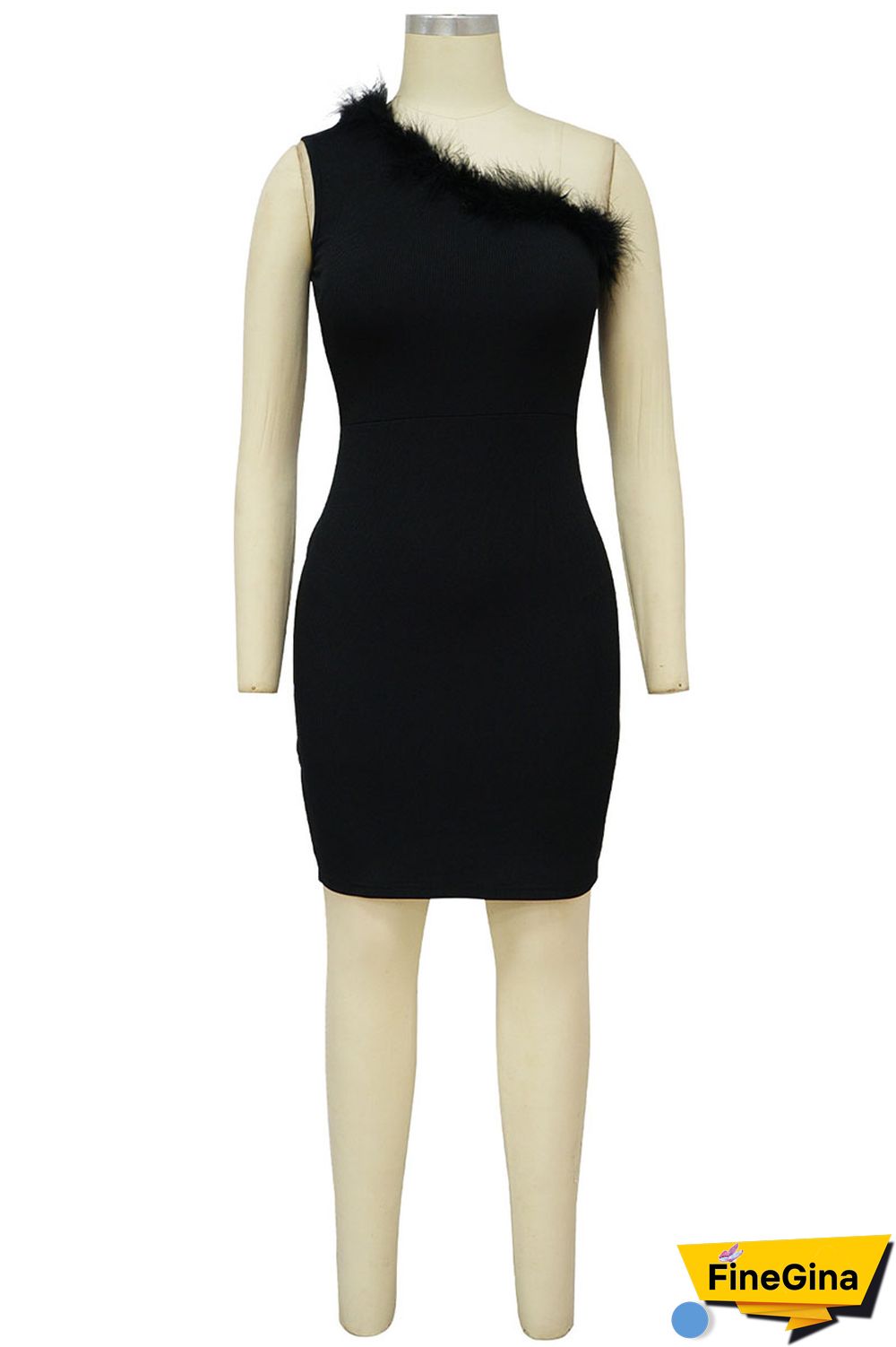 Black Sexy Solid Patchwork Feathers Oblique Collar One Step Skirt Dresses