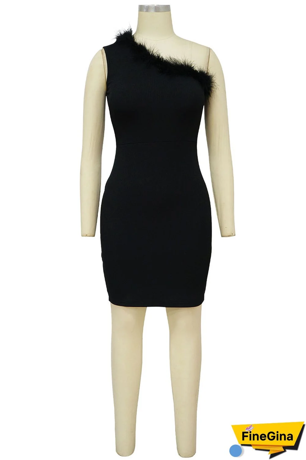 Black Sexy Solid Patchwork Feathers Oblique Collar One Step Skirt Dresses