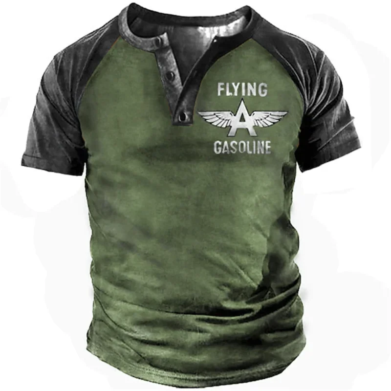Men's Pattchwork Colorblock Letter Short Sleeve Henley T-shirt
