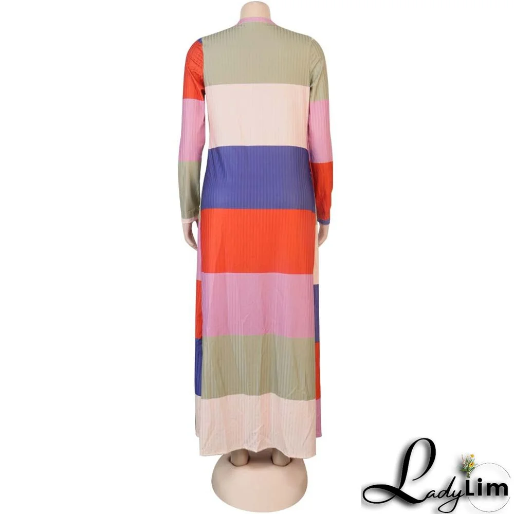Plus Size Women Ribbed Print Colorblock Dress + Long Coat