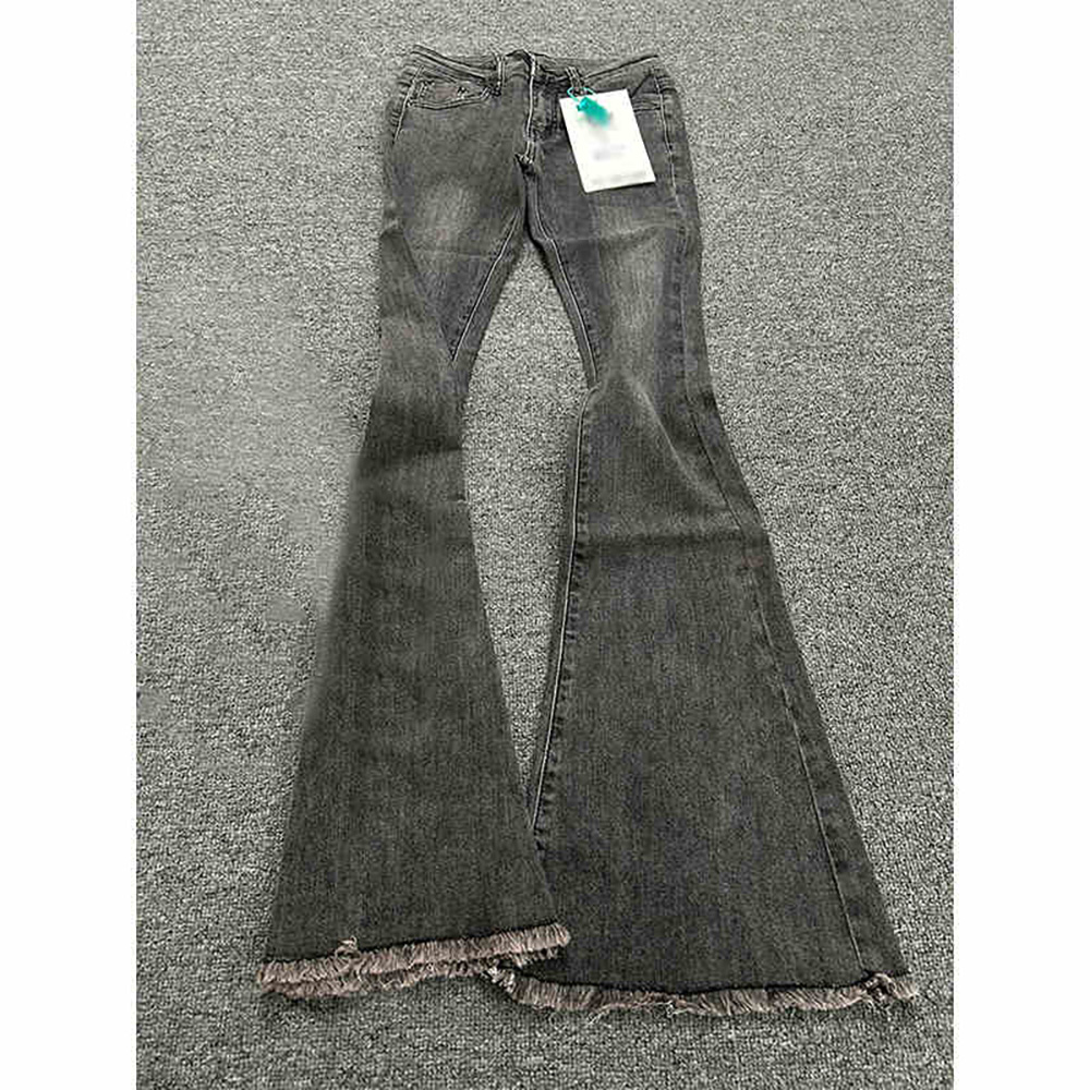 Sshamim Washed Grey Denim Flare Pants Women Spring Autumn High Waist Retro Tassels Edge Black Grey Jeans Female Slim Trousers Streetwear