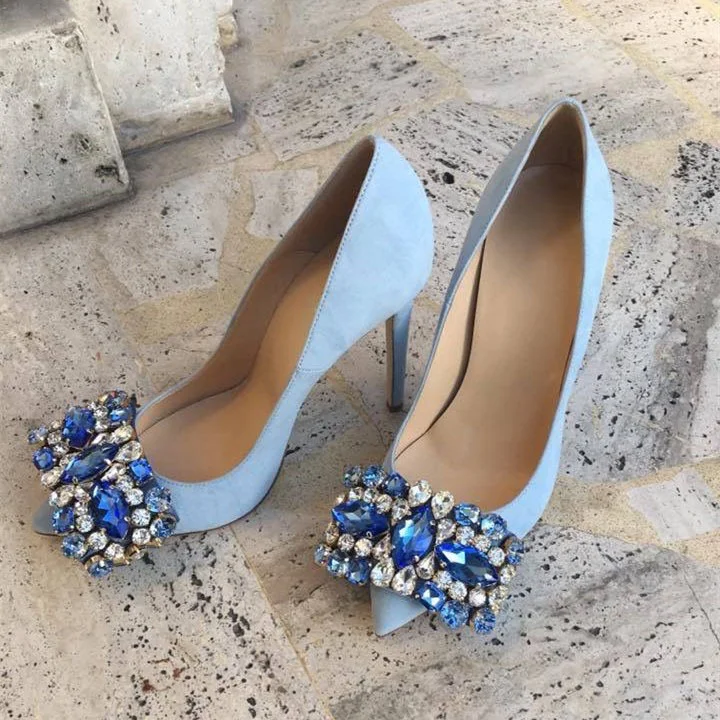 Light Blue Vegan Suede Stiletto Heels Rhinestone Embellished Pumps |FSJ Shoes