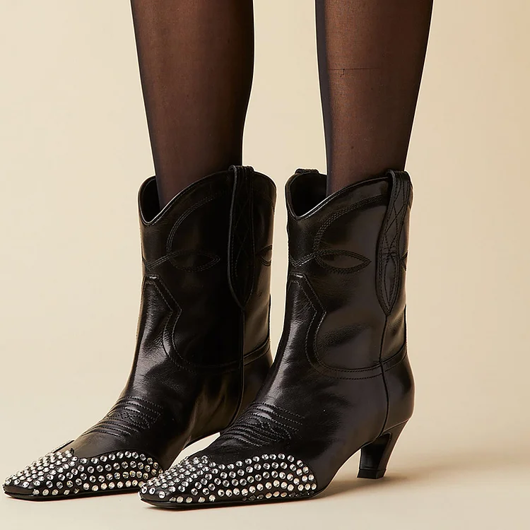 Elegant Pointed Kitten Heel Boots Women's Rhinestone Mid Calf Boots |FSJ Shoes