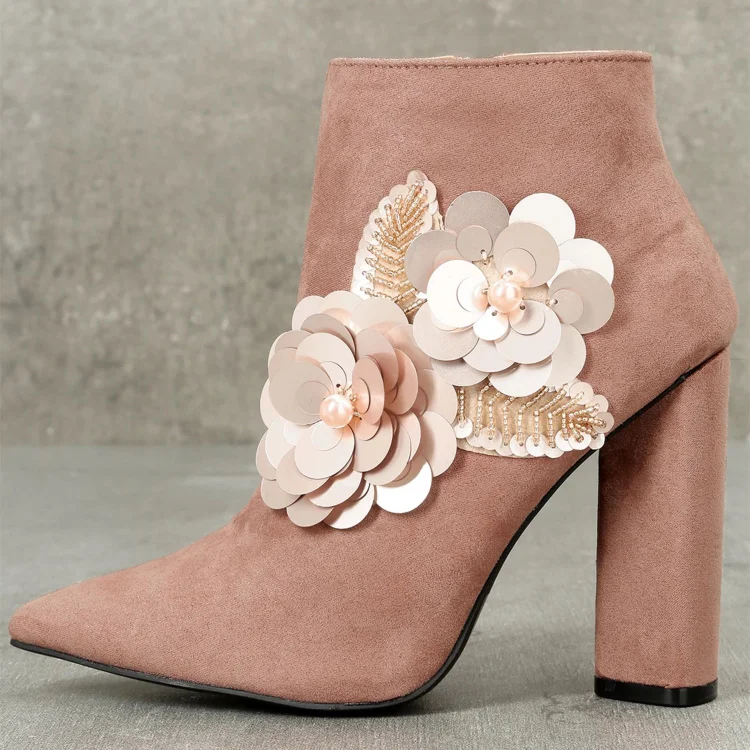Old Pink Sequined Flowers Ankle Booties Beaded Suede Chunky Heel Boots |FSJ Shoes