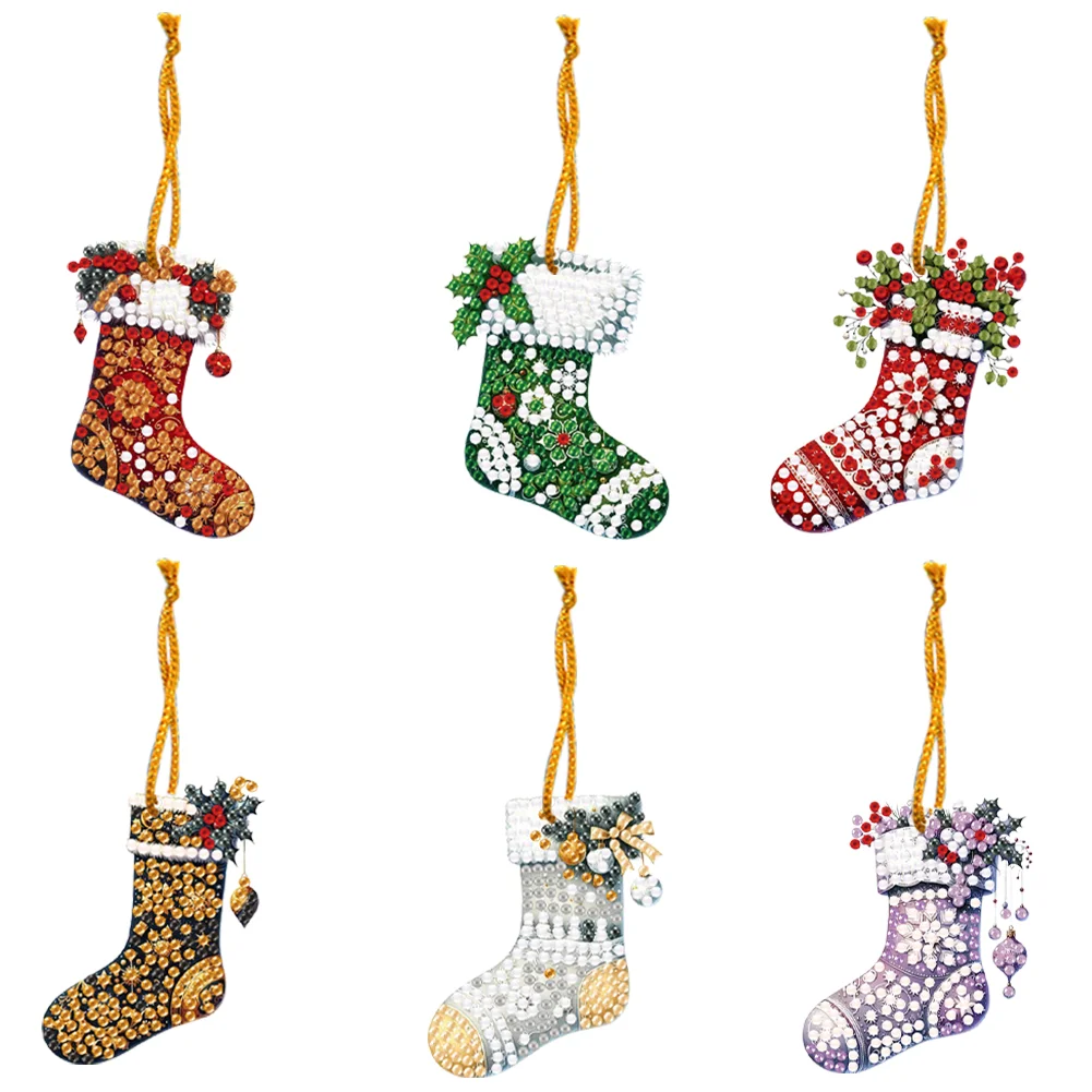 6pcs Xmas Stockings 2D Flat DIY Diamond Art Pendant Wall Door Decoration