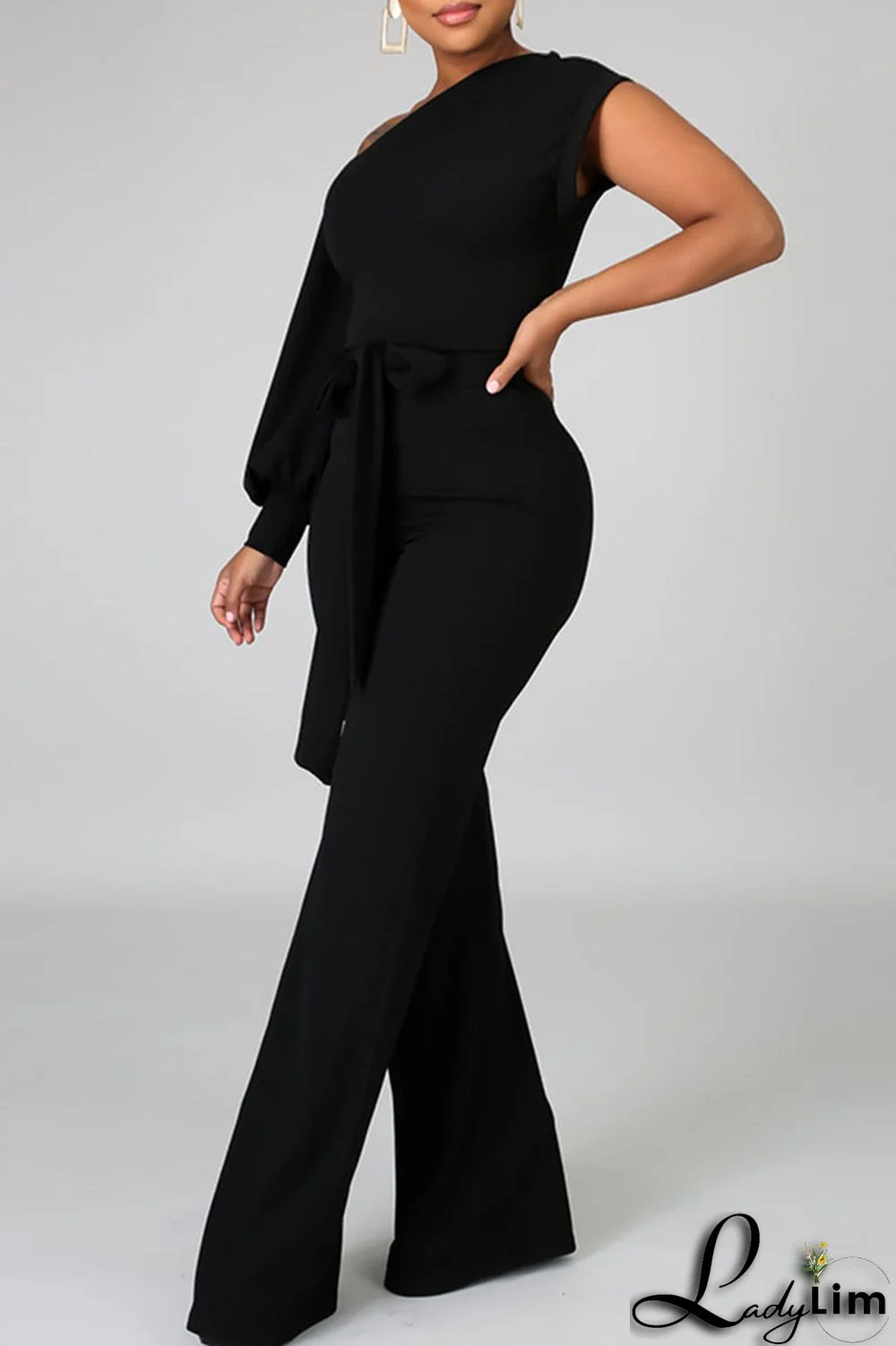 Black Fashion Casual Solid Patchwork Asymmetrical Asymmetrical Collar Straight Jumpsuits