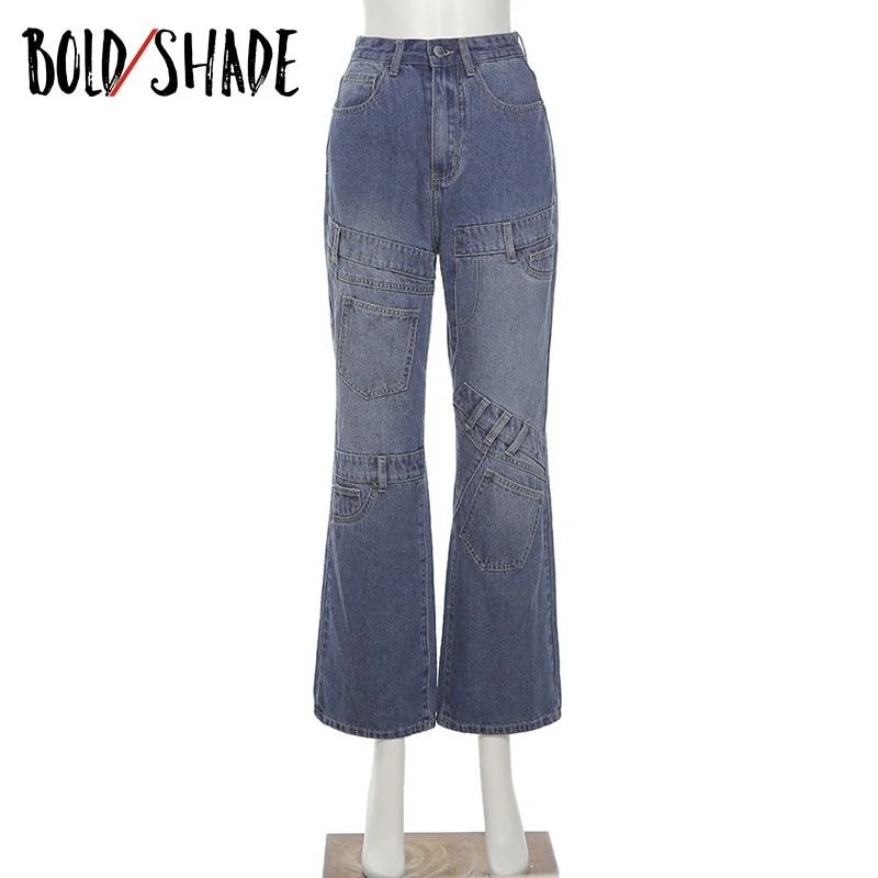 Bold Shade Soft Grunge Fashion Jeans Asymmetric Patchwork High Waist Skinny Straight Jeans Indie Y2K Urban Style Women Pants New