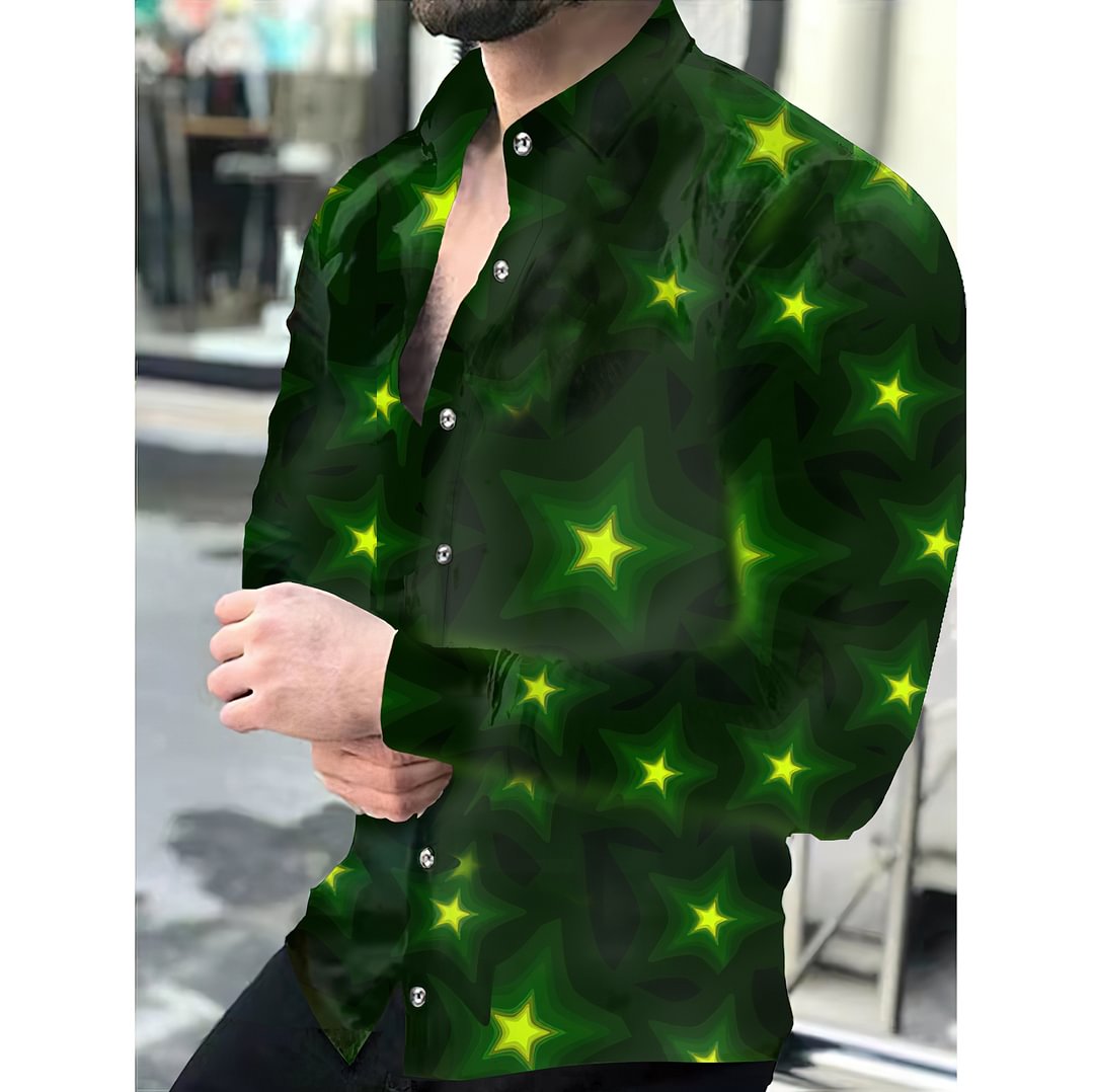 Casual Green Star Pattern Printed Long Sleeve Men's Shirt