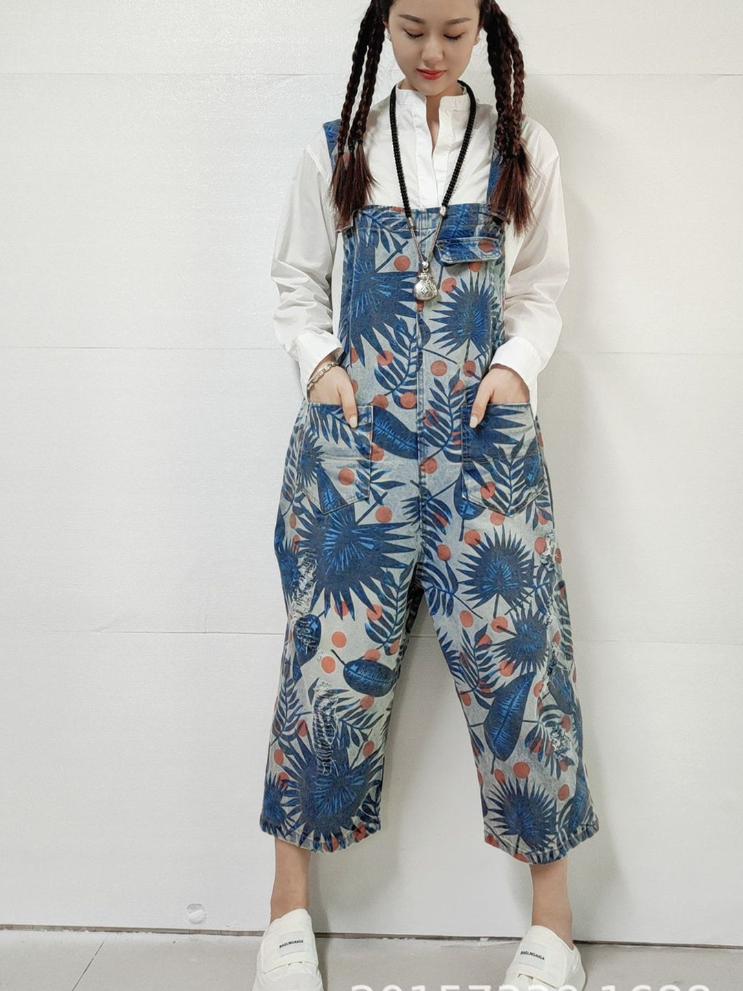 Women's Hole Floral Printed Casual Retro Cropped Workwear Denim Overalls Jumpsuit
