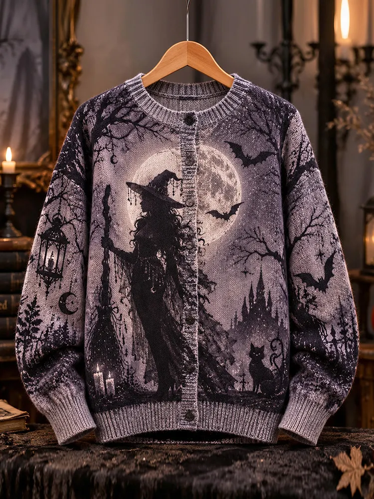Comstylish Retro Dark Castle Halloween Witch Moon Bat Black Cat Pattern Knitted Button Cardigan Sweater