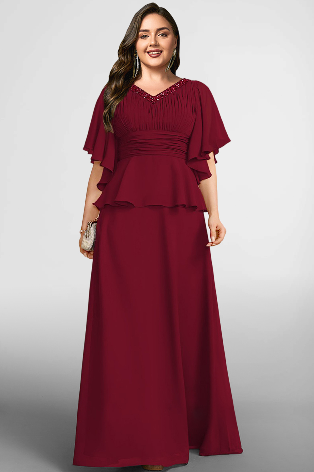 Flycurvy Plus Size Wedding Guest Burgundy Chiffon Empire Waist Flutter Sleeve Fold Two Piece Skirt Set