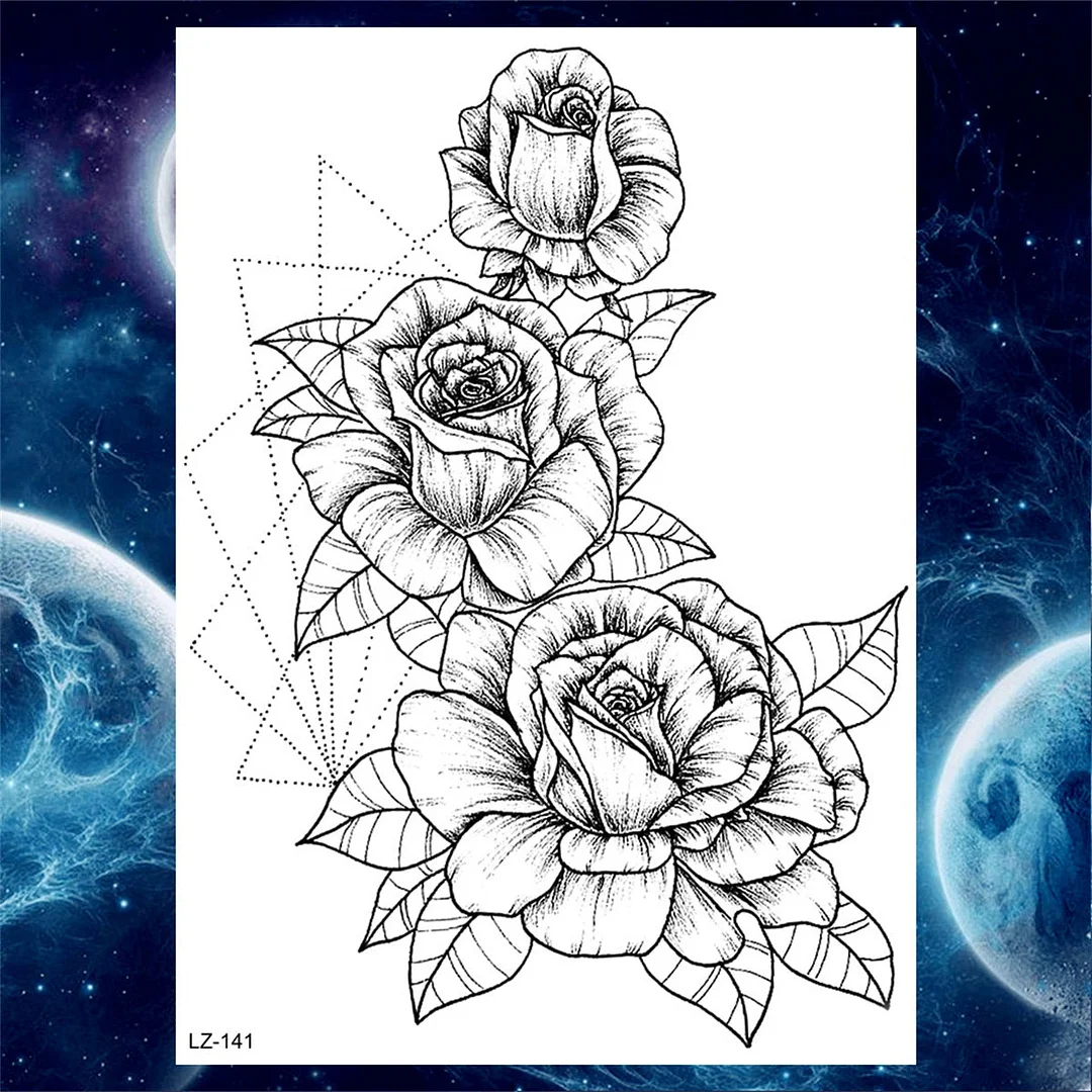 Large 3D Rose Flower Temporary Tattoos For Women Men Adults Death Skull Tattoo Sticker Peony Dahlia Black Fake Tatoos Forearm