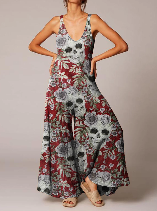 Skull flower casual loose jumpsuit