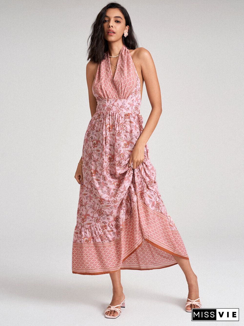 Bohemian Flower Self Tie Halter Open Back Bow Maxi Swing Dress