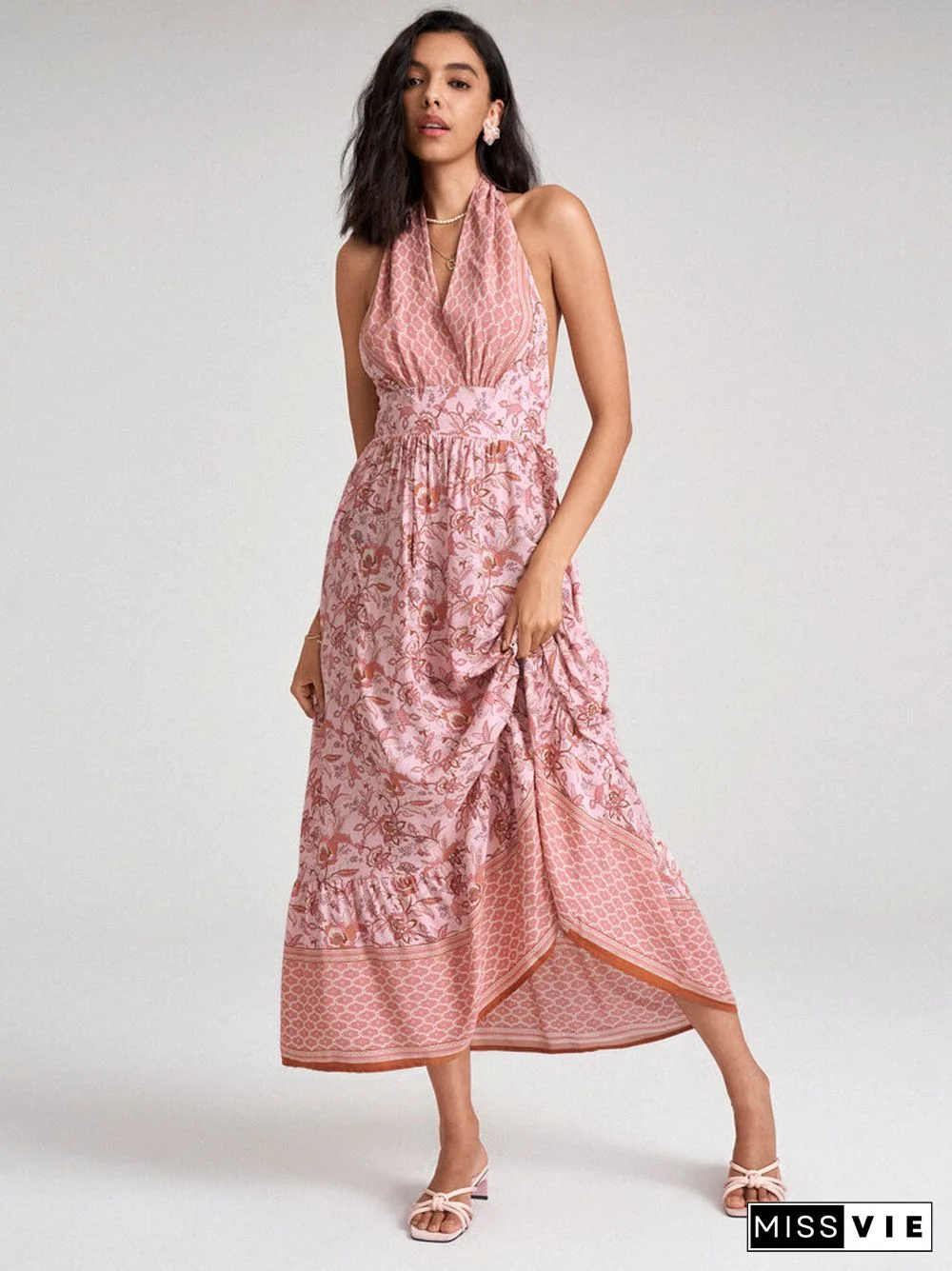 Bohemian Flower Self Tie Halter Open Back Bow Maxi Swing Dress