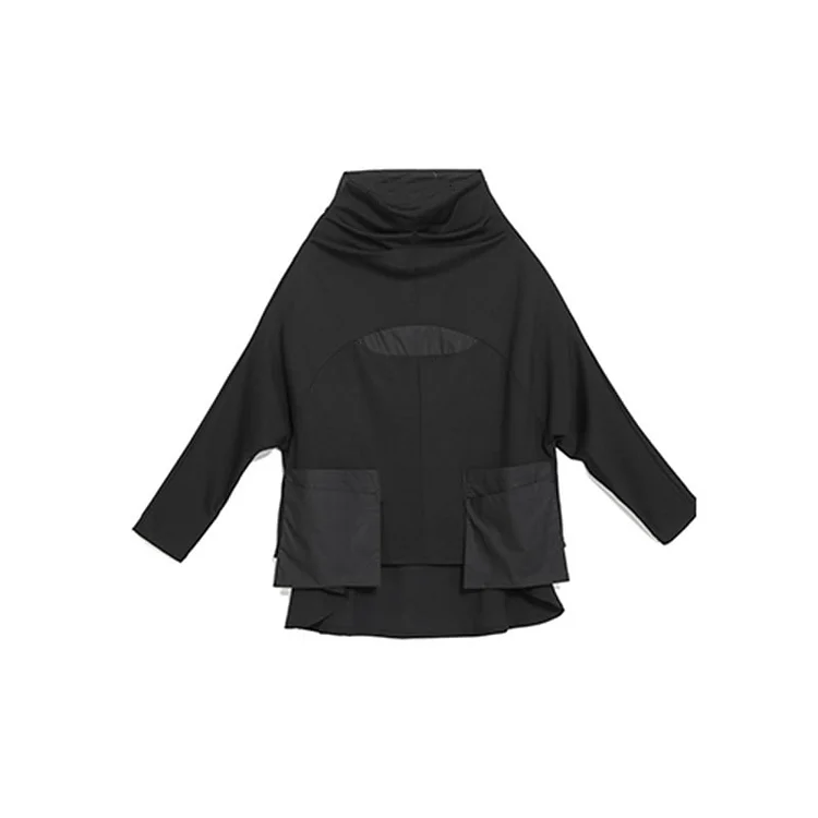 Harajuku Solid Color Turtleneck Symmetrical Patchwork Pocket Long Sleeve T-shirt   