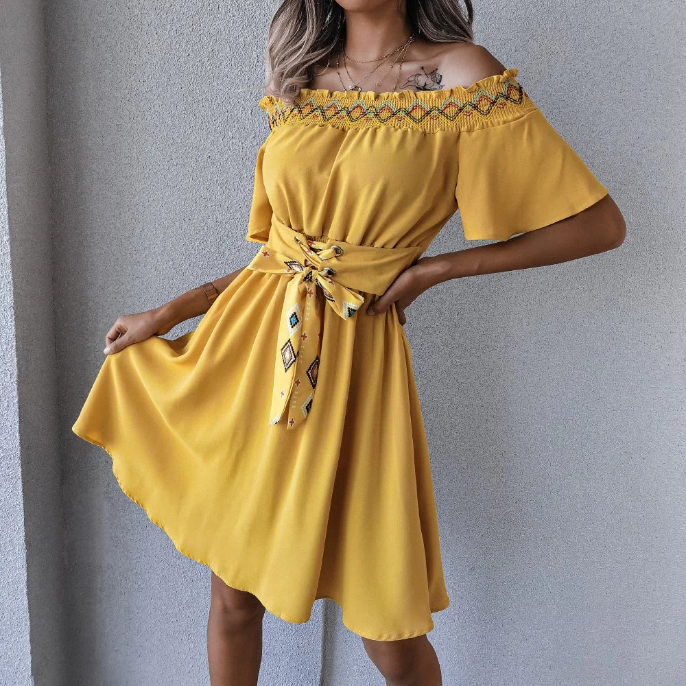 Embroidery Off the Shoulder Mini Dress